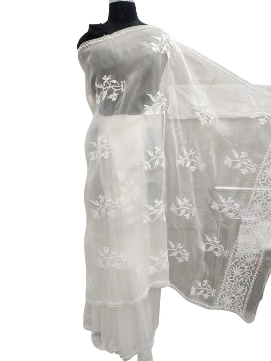 Shyamal Chikan Hand Embroidered White Pure Organza Lucknowi Chikankari Saree With Blouse Piece - S21309