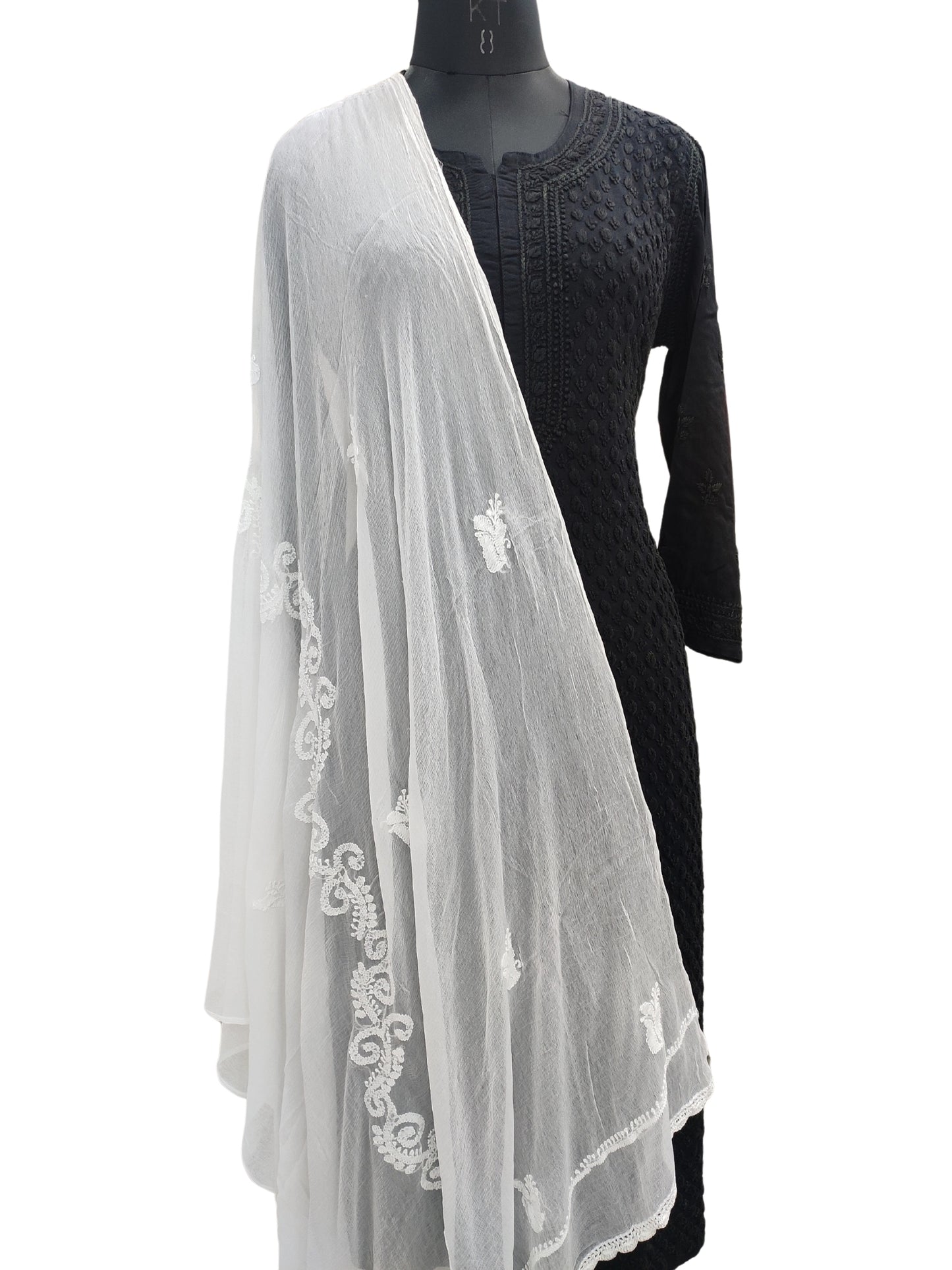 Shyamal Chikan Hand Embroidered White Pure Chiffon Lucknowi Chikankari Dupatta - 23336