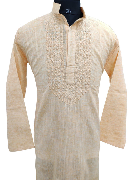 Shyamal Chikan Hand Embroidered Peach Cotton Lucknowi Chikankari Men's Kurta – S21208