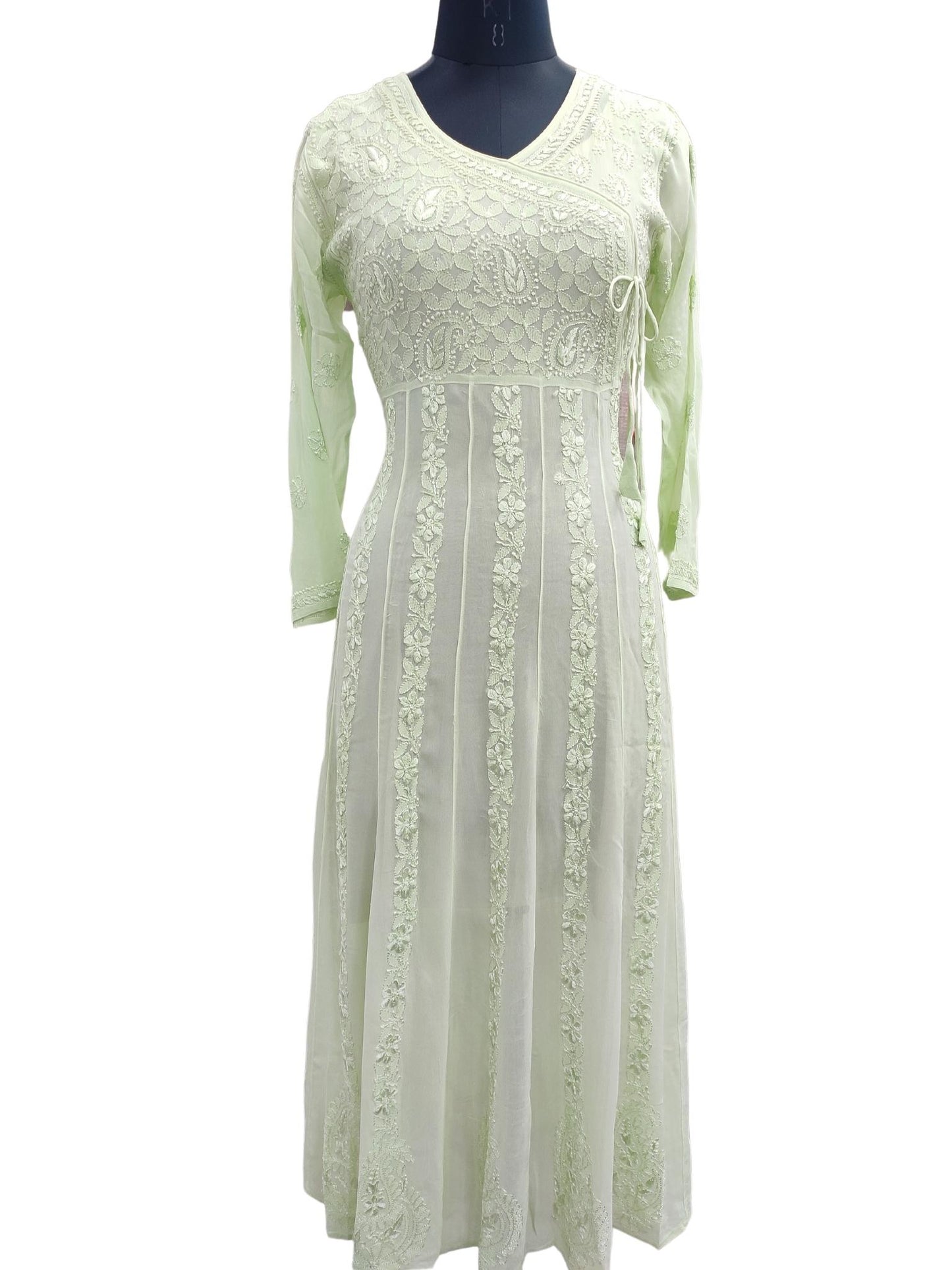 Shyamal Chikan Hand Embroidered Green Viscose Georgette Lucknowi Chikankari Anarkali Gown - S20430