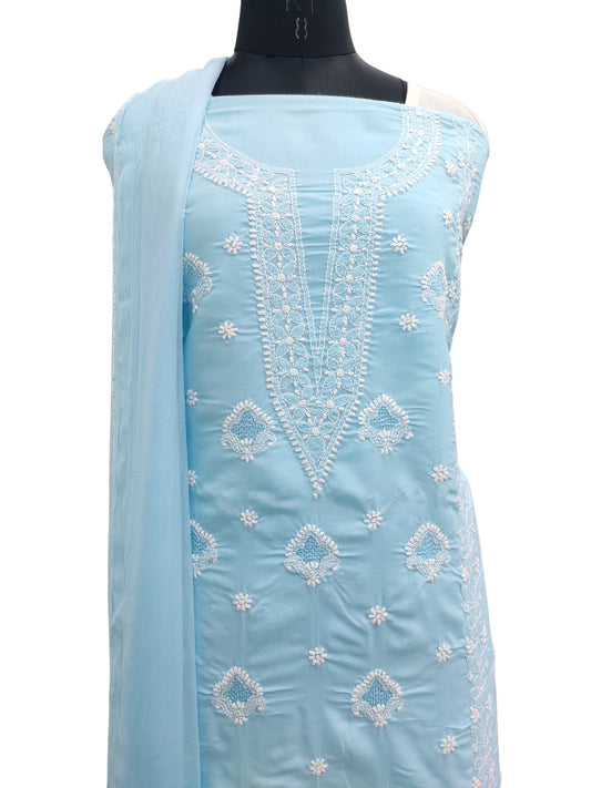 Shyamal Chikan Hand Embroidered Blue Cotton Lucknowi Chikankari Unstitched Suit Piece With Jaali Work - S22597