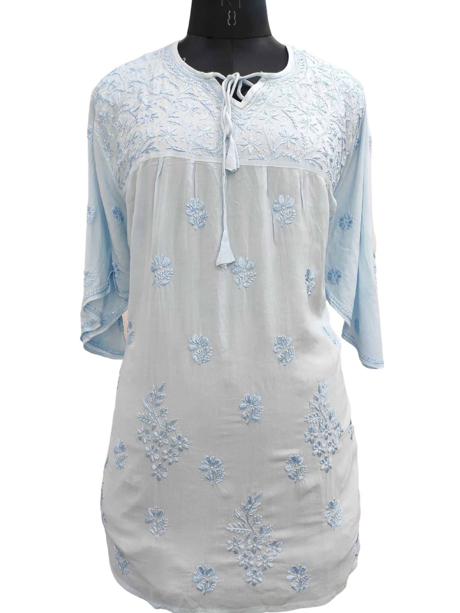 Shyamal Chikan Hand Embroidered Blue Modal Lucknowi Chikankari Kaftaan Short Top- S20409