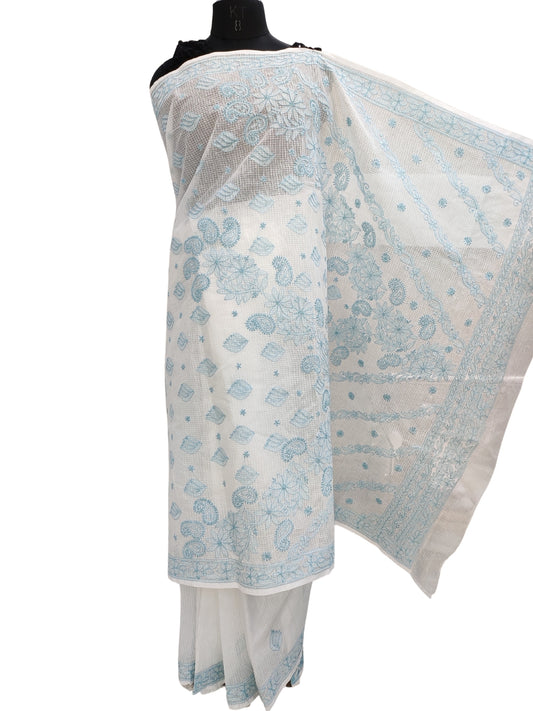 Shyamal Chikan Hand Embroidered White Kota Cotton Lucknowi Chikankari Saree With Blouse Piece - S22625