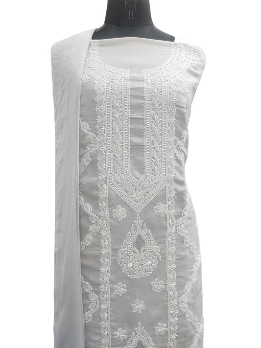 Shyamal Chikan Hand Embroidered Grey Cotton Lucknowi Chikankari Unstitched Suit Piece - S26709
