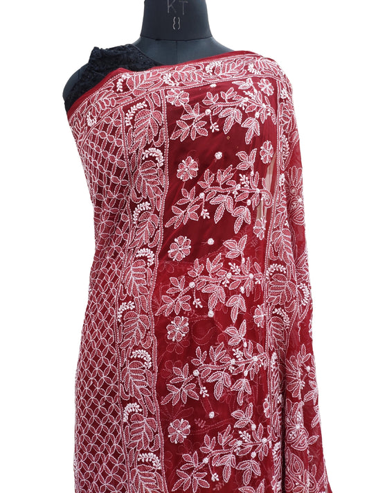 Shyamal Chikan Hand Embroidered Marhoon Georgette Lucknowi Chikankari Shoulder Jaal Saree With Blouse Piece - S26072