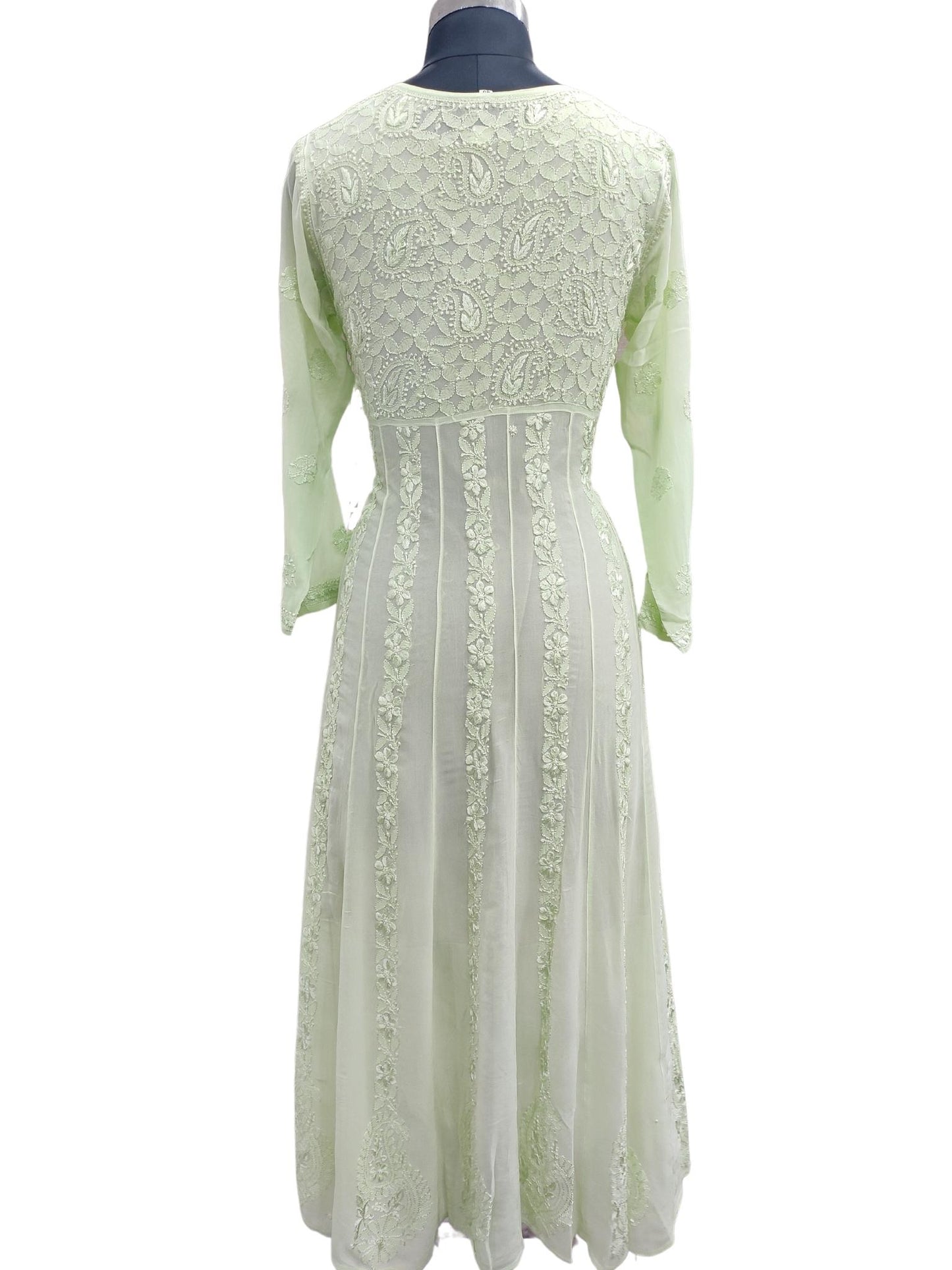 Shyamal Chikan Hand Embroidered Green Viscose Georgette Lucknowi Chikankari Anarkali Gown - S20430