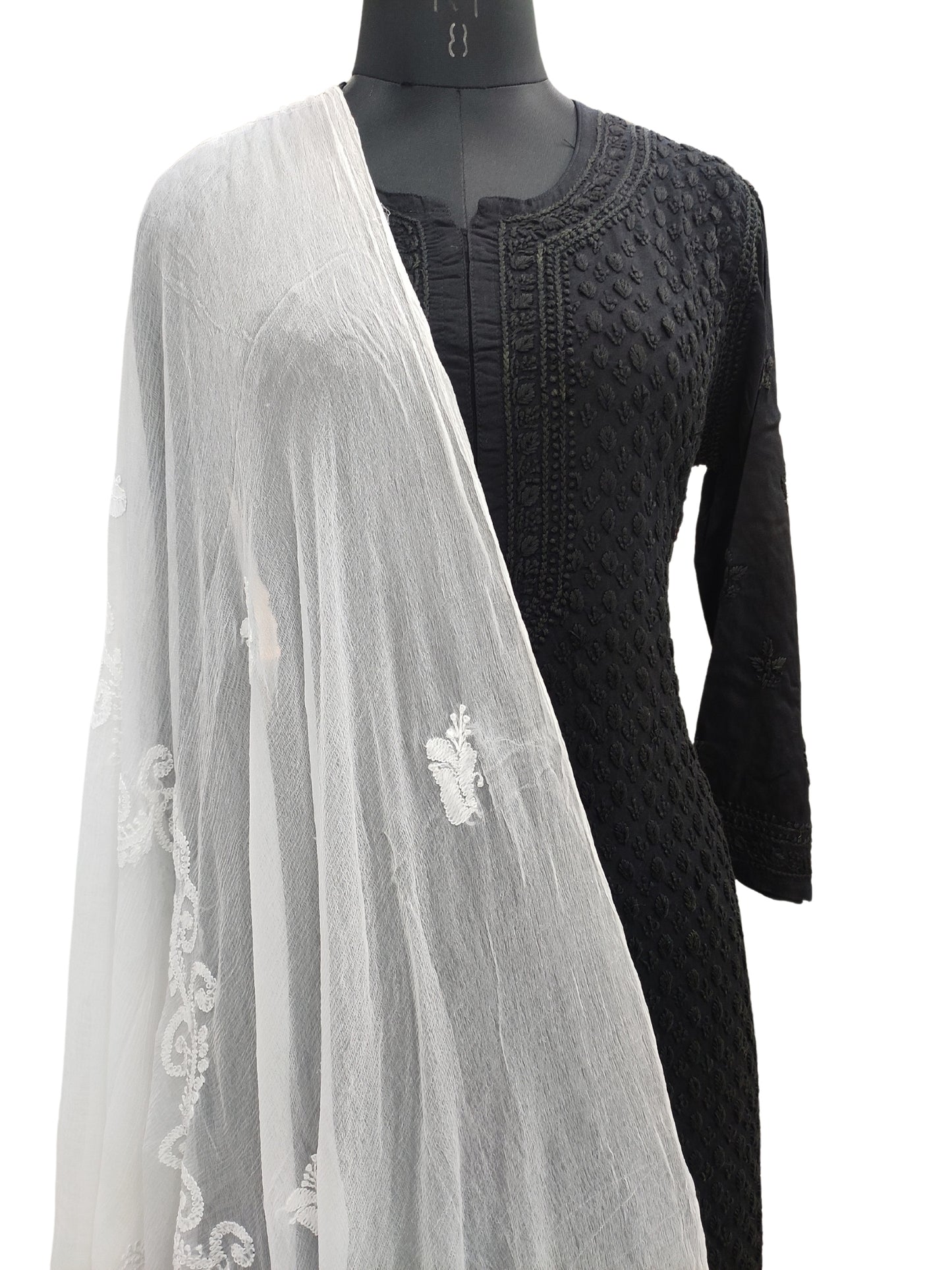 Shyamal Chikan Hand Embroidered White Pure Chiffon Lucknowi Chikankari Dupatta - 23336