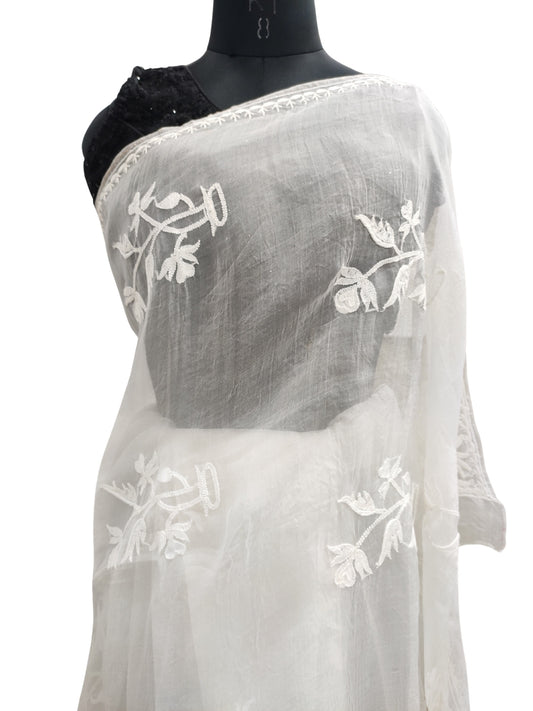 Shyamal Chikan Hand Embroidered White Pure Organza Lucknowi Chikankari Saree With Blouse Piece  - S21309