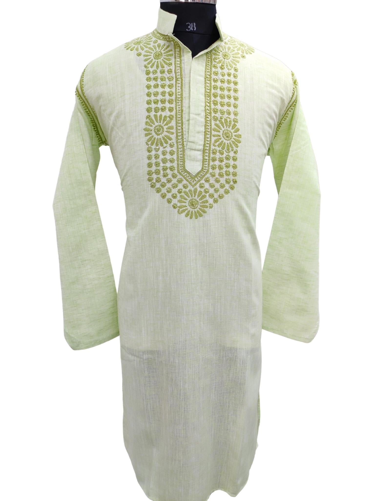Shyamal Chikan Hand Embroidered Green Cotton Lucknowi Chikankari Men's Kurta – S21211