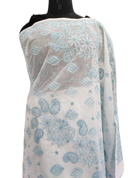 Shyamal Chikan Hand Embroidered White Kota Cotton Lucknowi Chikankari Saree With Blouse Piece - S22625