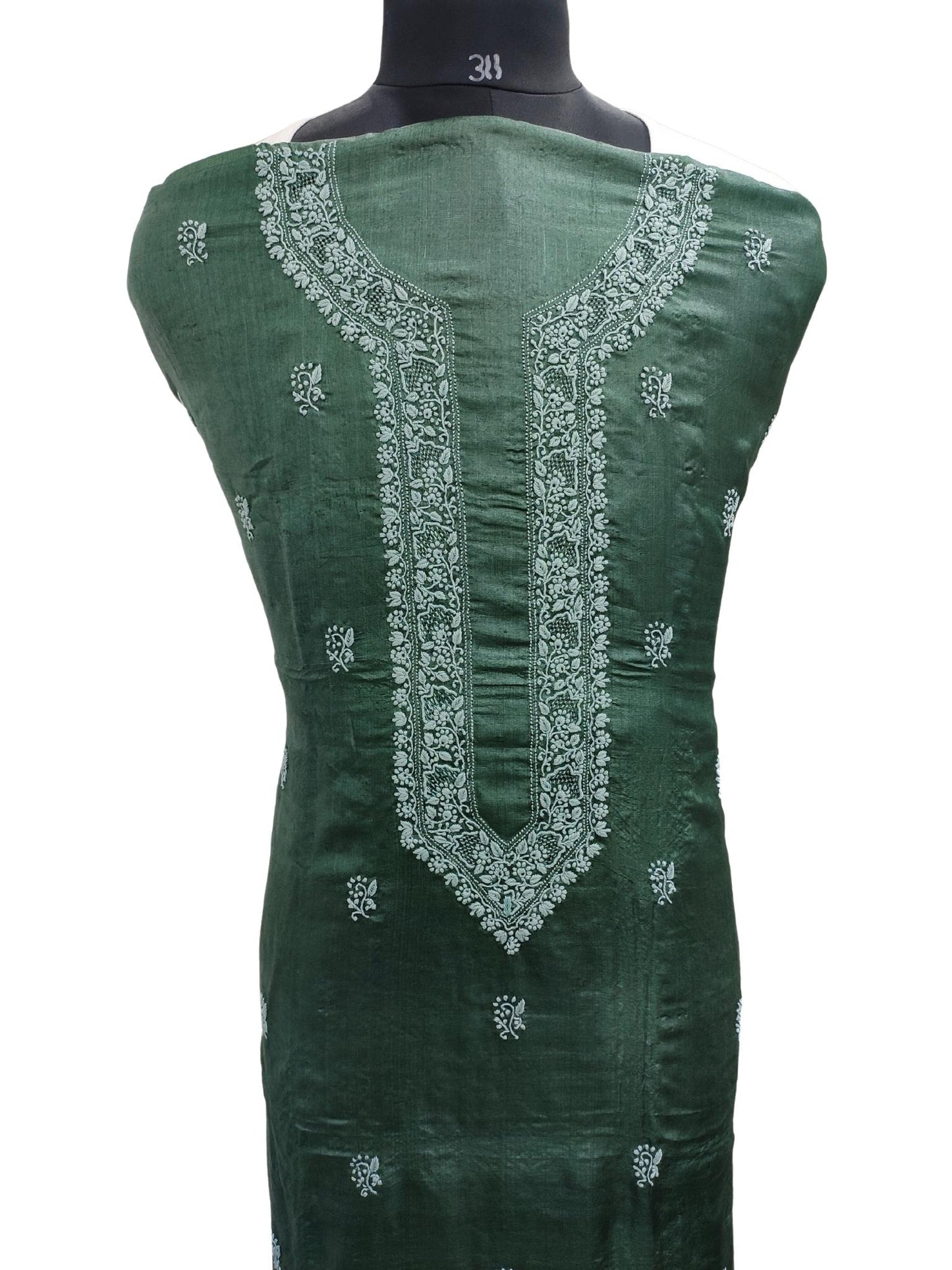 Shyamal Chikan Hand Embroidered Green Pure Tusser Silk Lucknowi Chikankari Unstitched Men's Kurta Piece – S20933