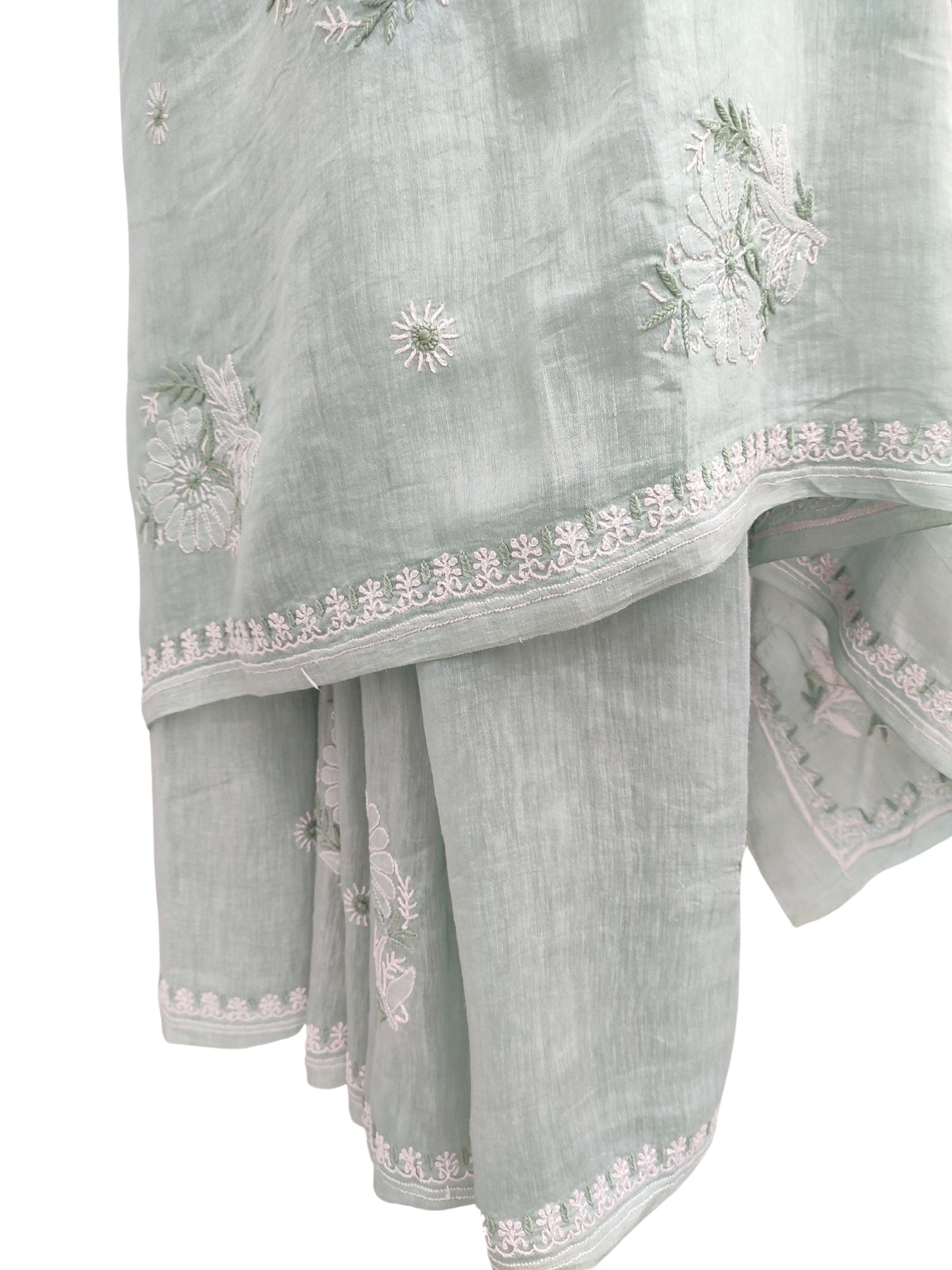 Shyamal Chikan Hand Embroidered Green Pure Lenin Lucknowi Chikankari Saree With Blouse Piece- S22885