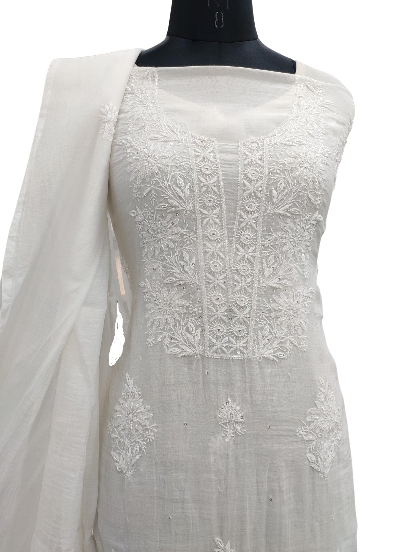 Shyamal Chikan Hand Embroidered White Mul Chanderi Lucknowi Chikankari Unstitched Suit Piece with Pearl & Sequin Work (Kurta Dupatta Set)S20885