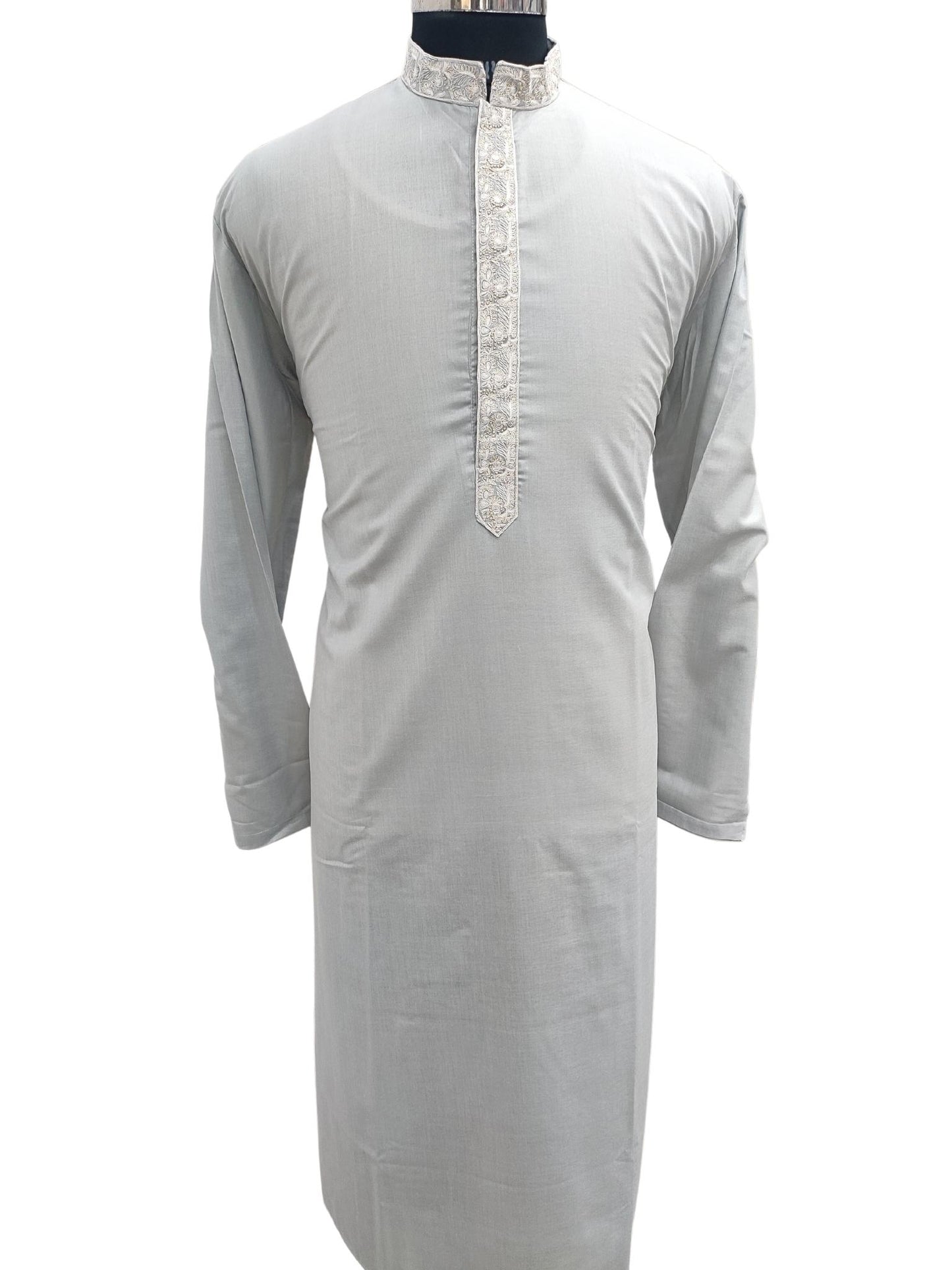 Shyamal Chikan Hand Embroidered Grey Cotton Lucknowi Chikankari Men's Kurta – S17241