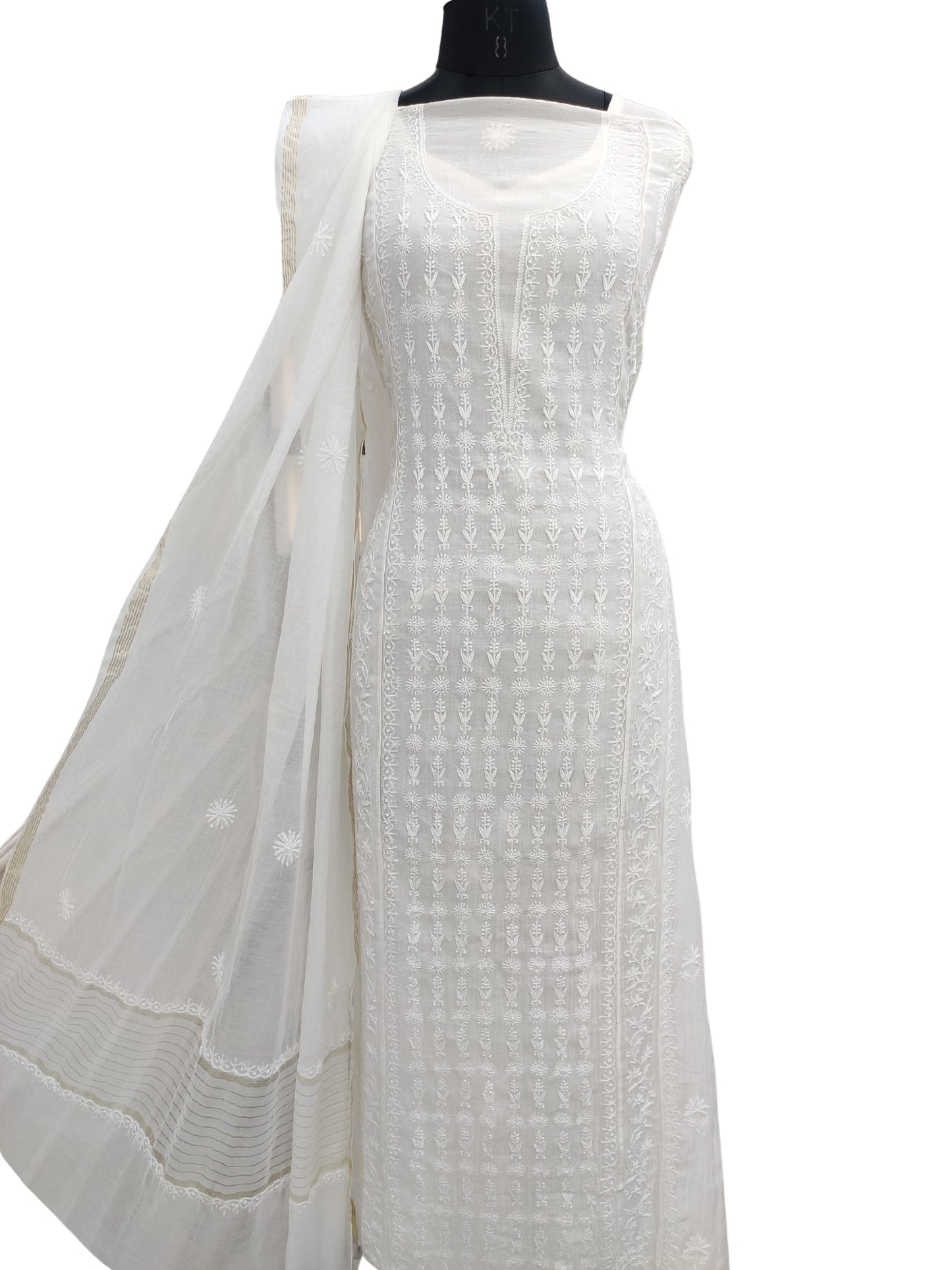 Shyamal Chikan Hand Embroidered White Mul Chanderi Lucknowi Chikankari semi stitched Suit Piece (Kurta Dupatta Set) - 23984