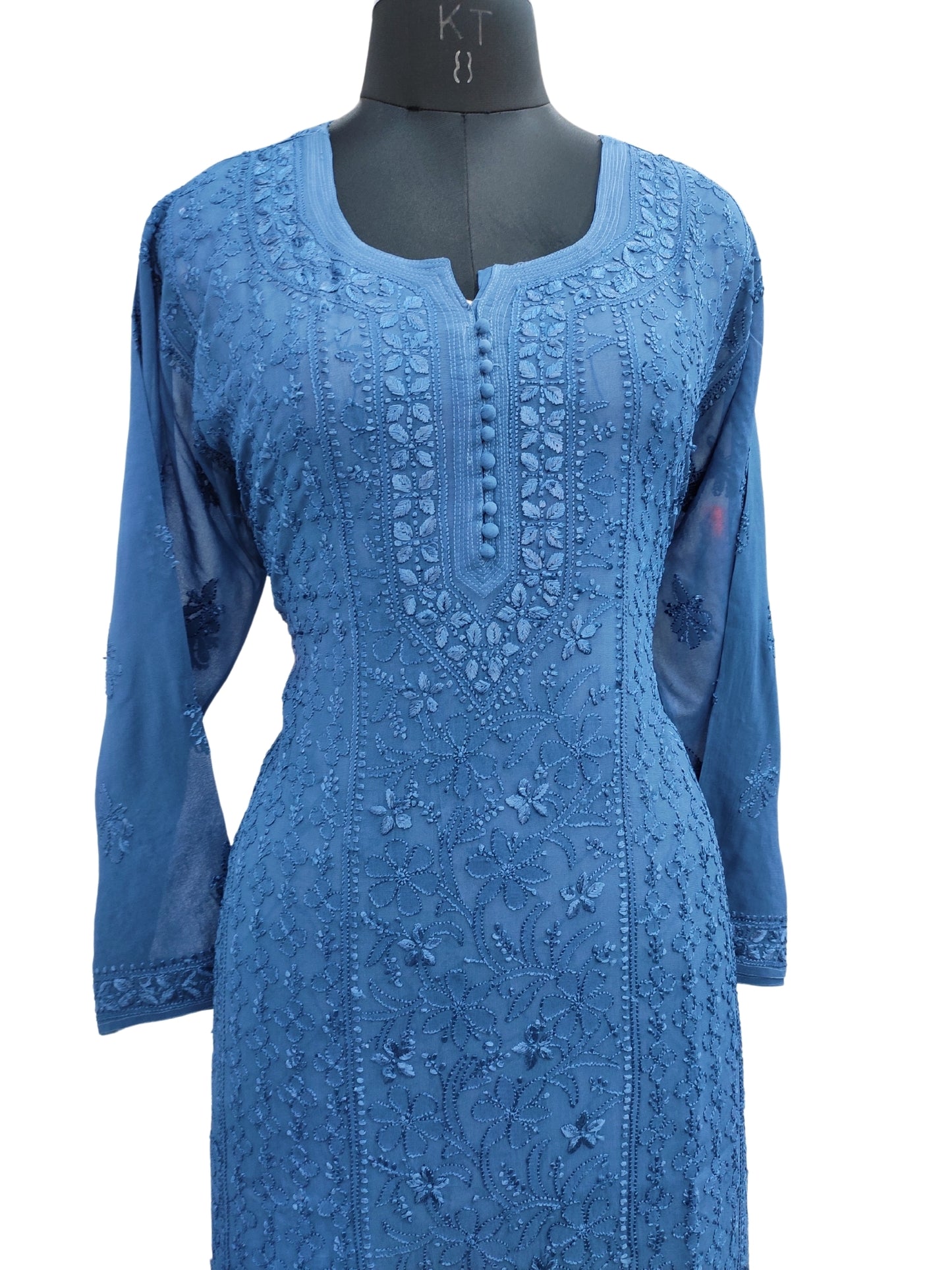 Shyamal Chikan Hand Embroidered Peacock Blue Viscose Georgette Lucknowi Chikankari Kurti - S24697