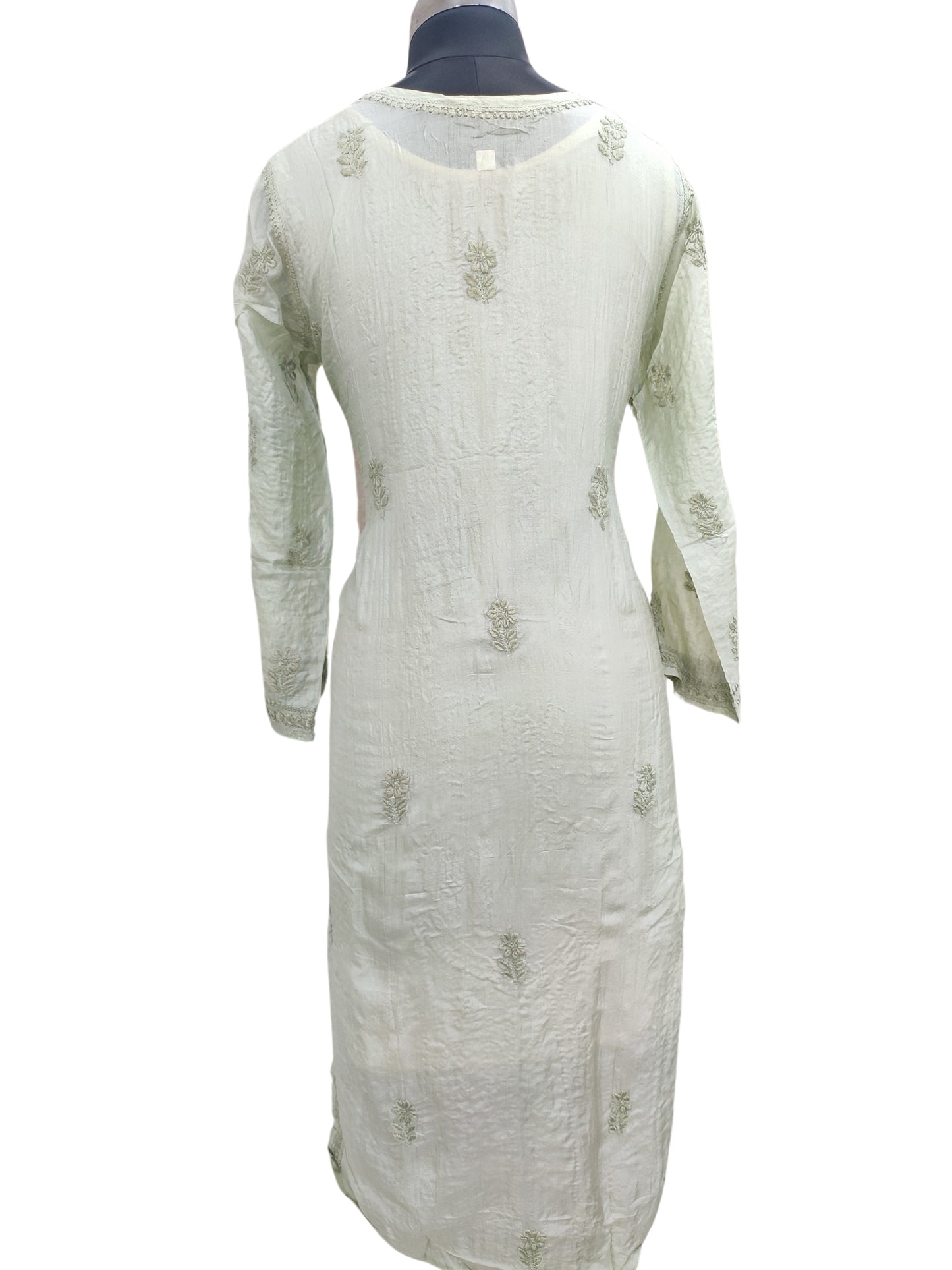 Shyamal Chikan Hand Embroidered Green Pure Tusser Silk Lucknowi Chikankari Kurti- S24400