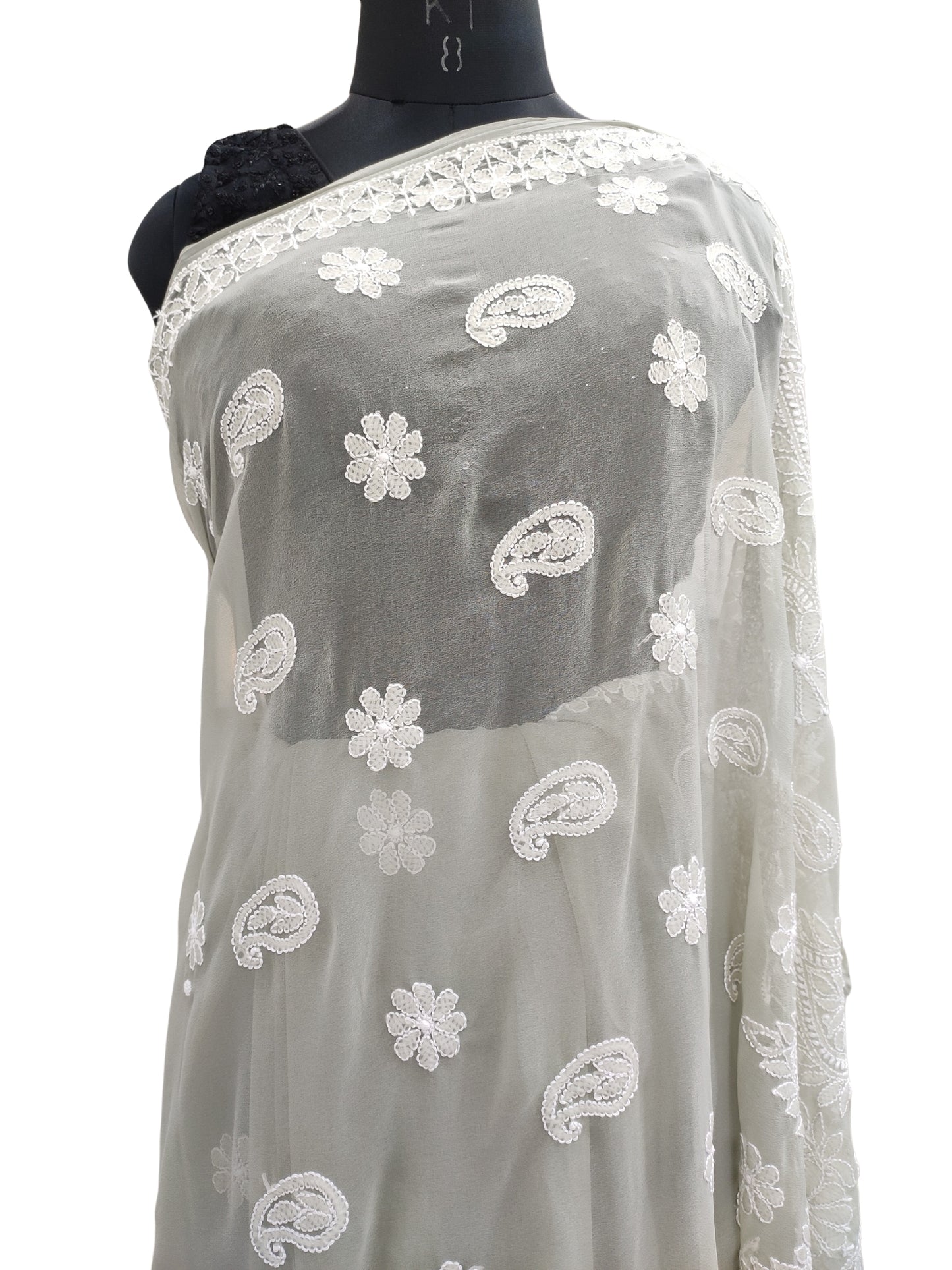 Shyamal Chikan Hand Embroidered Greenish Grey Georgette Lucknowi Chikankari Saree With Blouse Piece - S20252