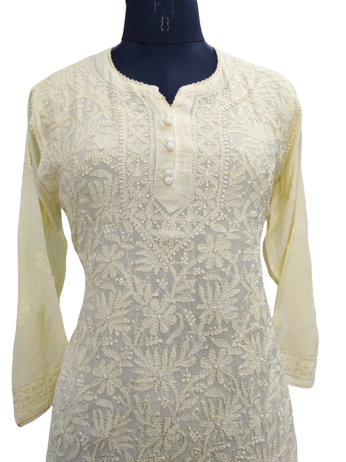 Shyamal Chikan Hand Embroidered Lemon Muslin Lucknowi Chikankari Short Top - 23492