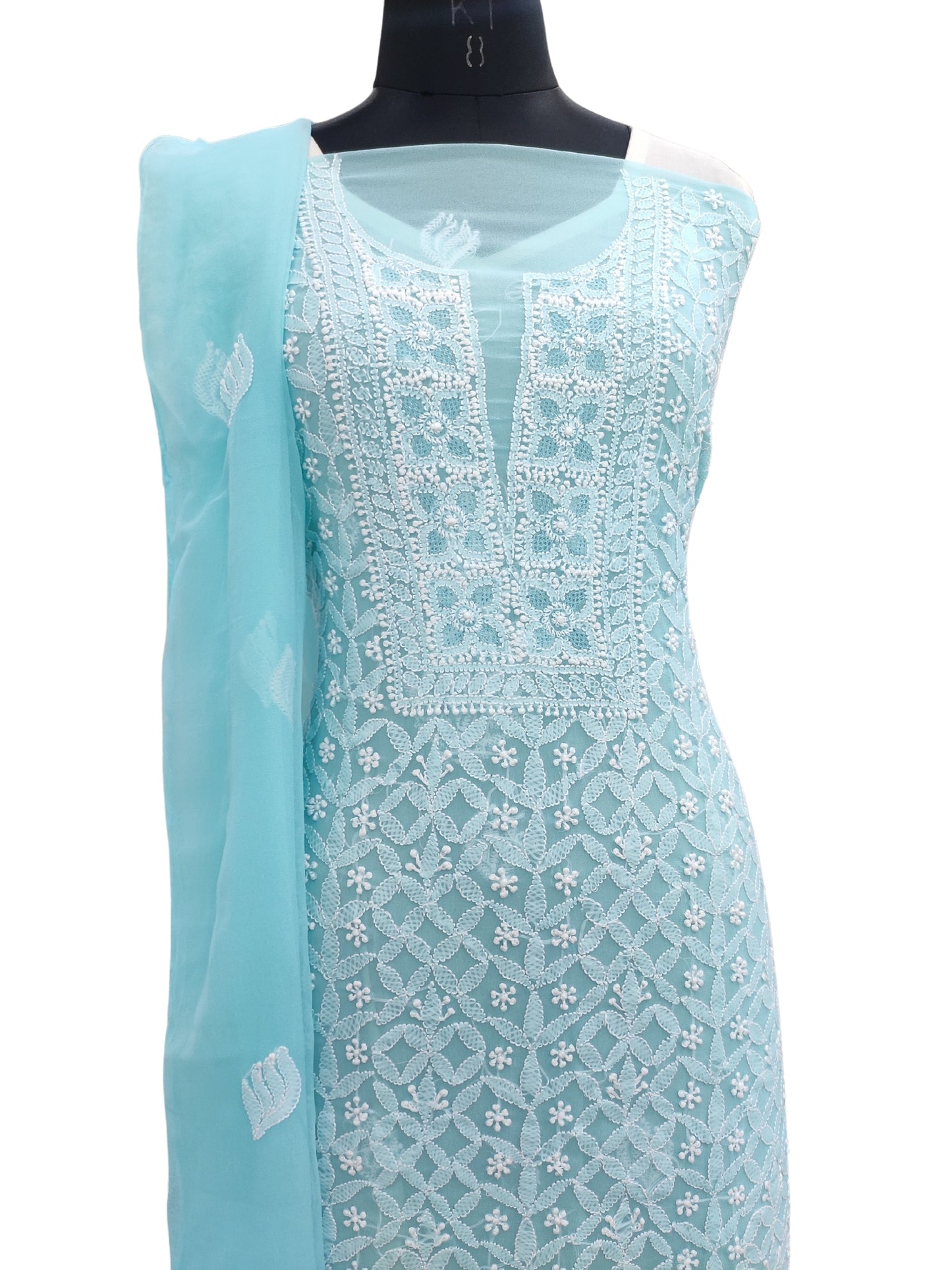 Shyamal Chikan Hand Embroidered Blue Georgette Lucknowi Chikankari Unstitched Suit Piece - 24044