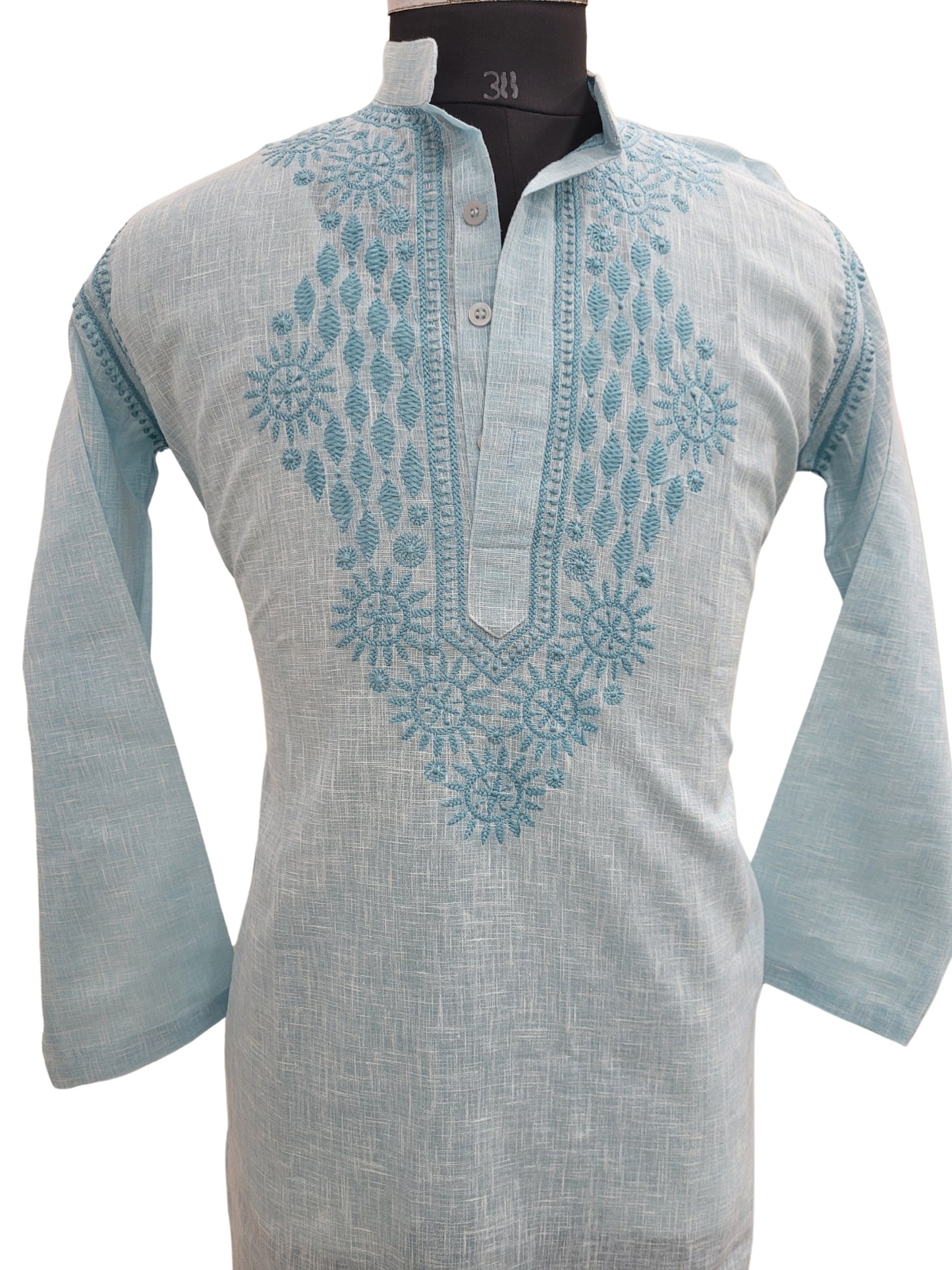 Shyamal Chikan Hand Embroidered Blue Cotton Lucknowi Chikankari Men's Kurta - S25186