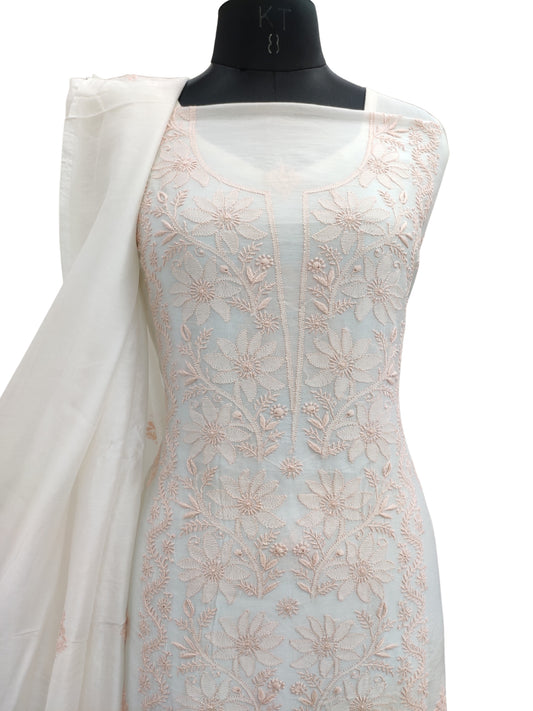 Shyamal Chikan Hand Embroidered White American Cotton Lucknowi Chikankari Unstitched Suit Piece (Kurta Dupatta Set) - S26196