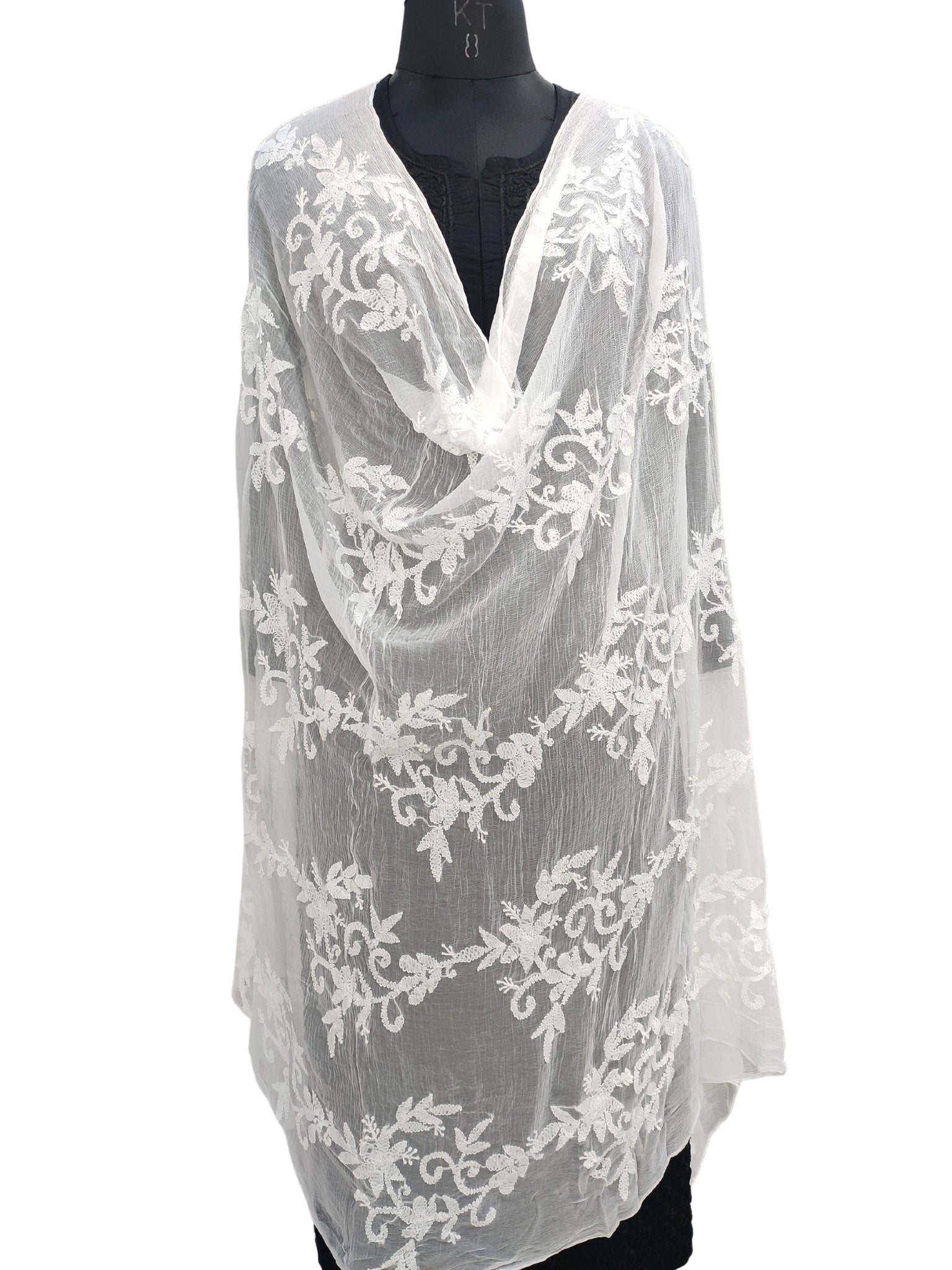 Shyamal Chikan Hand Embroidered White Pure Chiffon Lucknowi Chikankari Full Jaal Dupatta - 23348