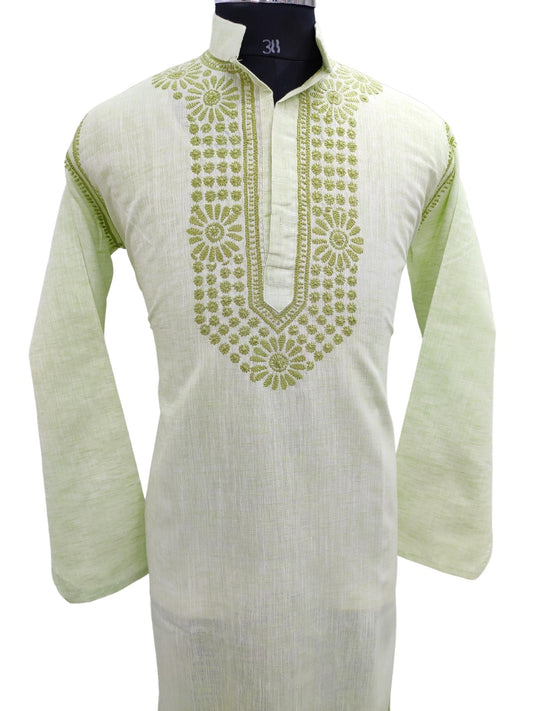 Shyamal Chikan Hand Embroidered Green Cotton Lucknowi Chikankari Men's Kurta – S21211