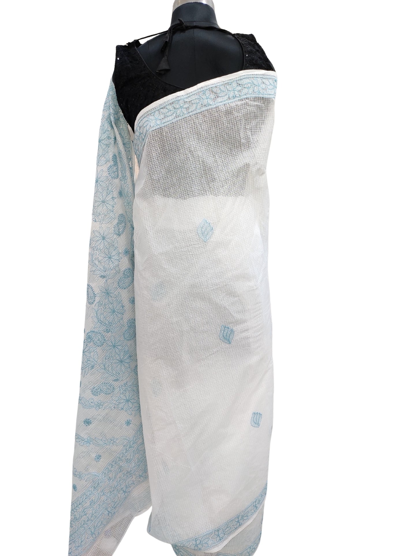 Shyamal Chikan Hand Embroidered White Kota Cotton Lucknowi Chikankari Saree With Blouse Piece - S22625