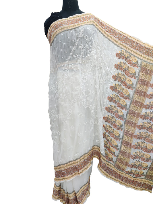 Shyamal Chikan Hand Embroidered White Pure Chiffon Lucknowi Chikankari Saree With Blouse Piece- S22554