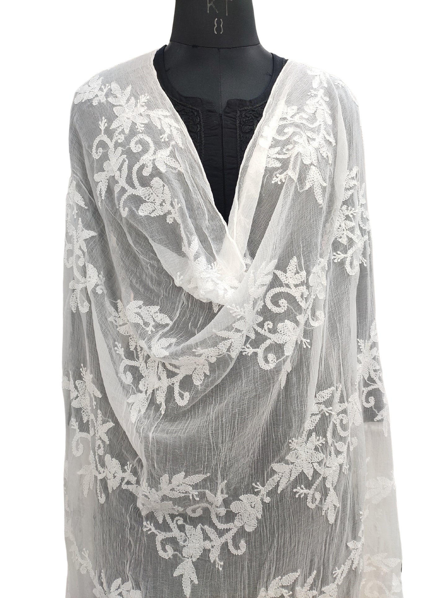 Shyamal Chikan Hand Embroidered White Pure Chiffon Lucknowi Chikankari Full Jaal Dupatta - S23348