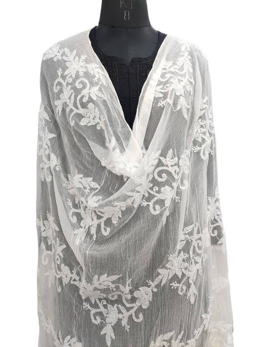 Shyamal Chikan Hand Embroidered White Pure Chiffon Lucknowi Chikankari Full Jaal Dupatta - S23348