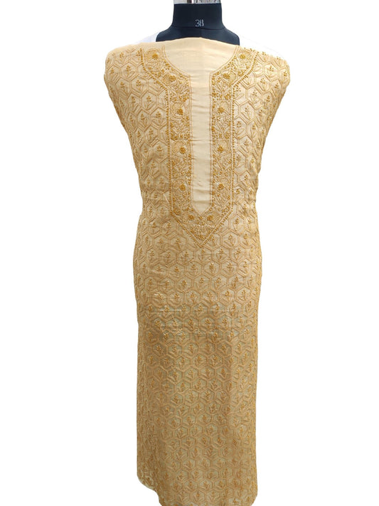 Shyamal Chikan Hand Embroidered Yellow Pure Tusser Silk Lucknowi Chikankari Unstitched Men's Kurta Piece – S21364