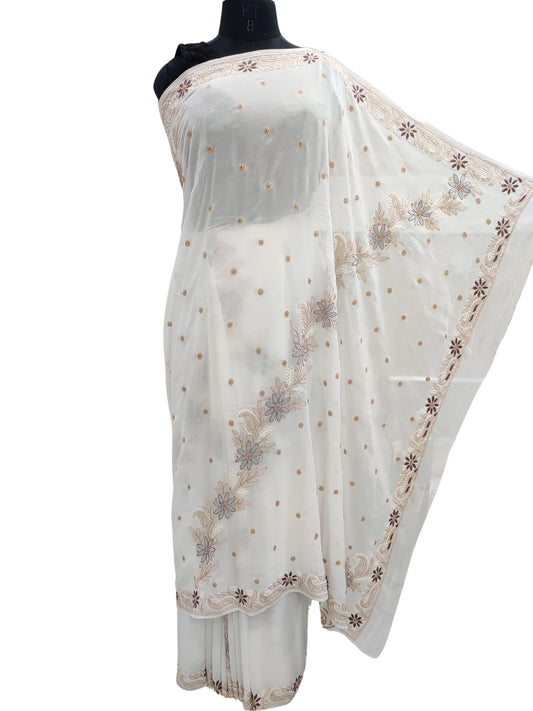 Shyamal Chikan Hand Embroidered White Pure Georgette Lucknowi Chikankari Saree With Blouse Piece - S23232