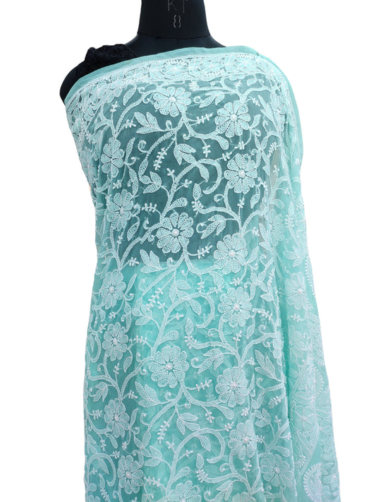 Shyamal Chikan Hand Embroidered Sea Green Georgette Lucknowi Chikankari Shoulder Jaal Saree With Blouse Piece - S26050