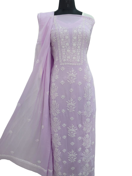 Shyamal Chikan Hand Embroidered Lavender Viscose Georgette Lucknowi Chikankari Unstitched Suit Piece ( Kurta Dupatta Set ) - S23130