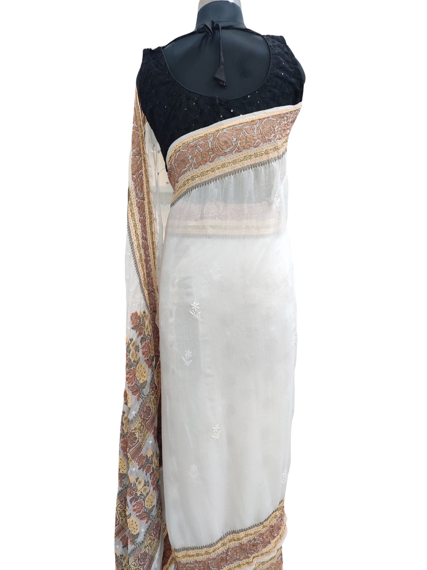 Shyamal Chikan Hand Embroidered White Pure Chiffon Lucknowi Chikankari Saree With Blouse Piece- S22554