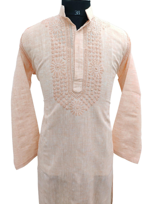 Shyamal Chikan Hand Embroidered Peach Cotton Lucknowi Chikankari Men's Kurta – S21210