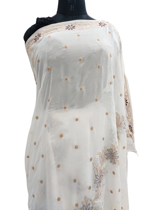 Shyamal Chikan Hand Embroidered White Pure Georgette Lucknowi Chikankari Saree With Blouse Piece  - S23232