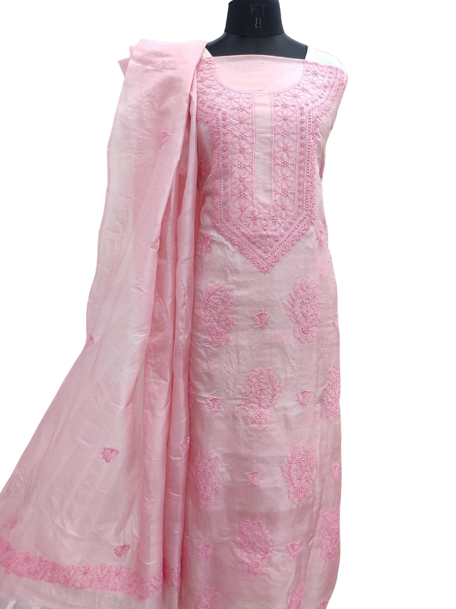 Shyamal Chikan Hand Embroidered Pink Pure Tusser Silk Lucknowi Chikankari Unstitched Suit Piece (Kurta Dupatta Set) - S21371