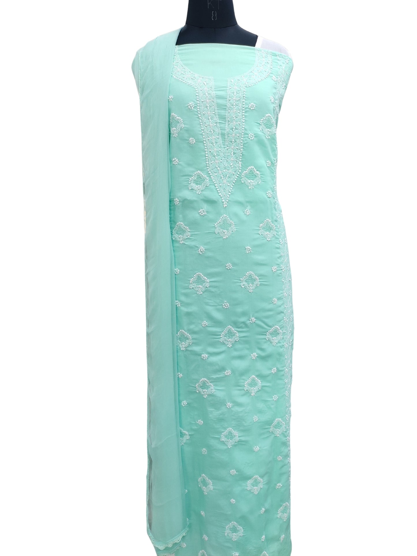 Shyamal Chikan Hand Embroidered Sea Green Cotton Lucknowi Chikankari Unstitched Suit Piece With Jaali Work - S22594