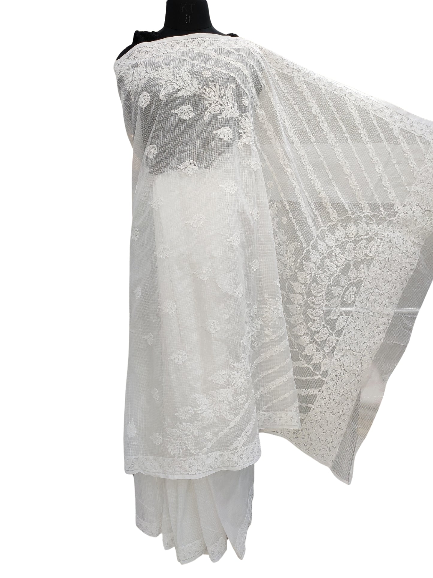 Shyamal Chikan Hand Embroidered White Kota Cotton Lucknowi Chikankari Saree With Blouse Piece - S22628