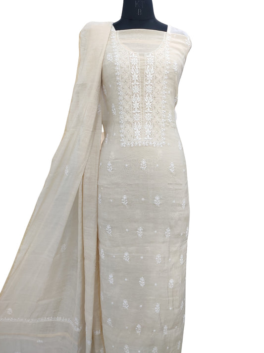 Shyamal Chikan Hand Embroidered Natural Fawn Tissue Lucknowi Chikankari Unstitched Suit Piece With Pearl & Cutdana Work ( Kurta Dupatta Set ) - 23773