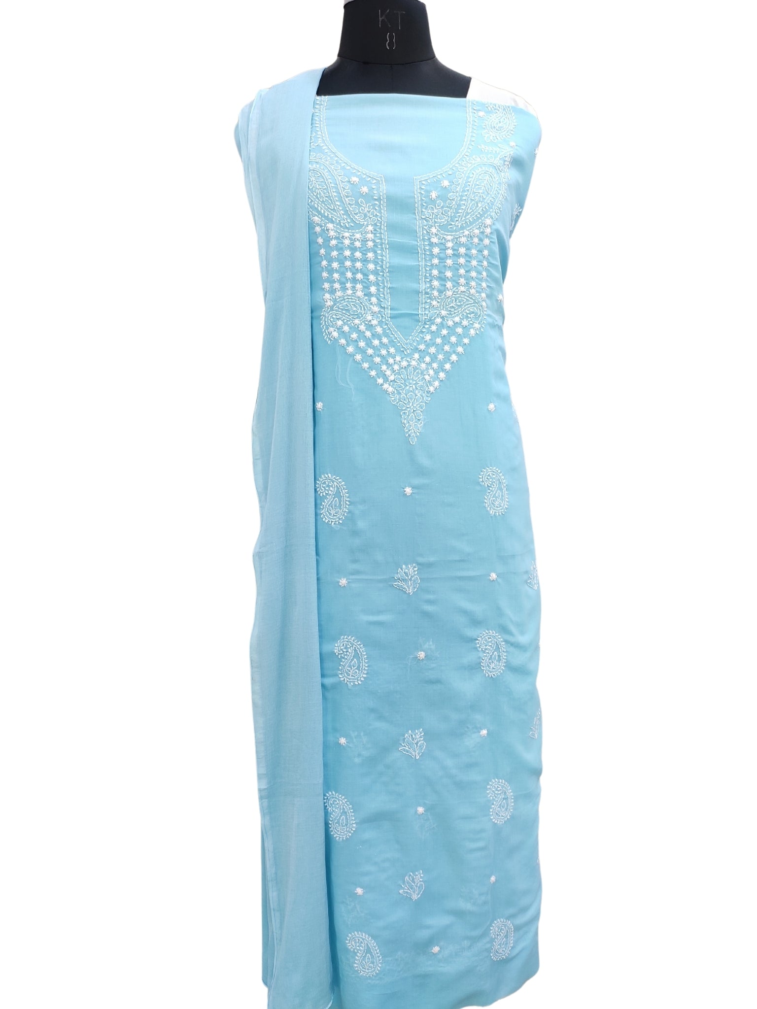 Shyamal Chikan Hand Embroidered Blue Cotton Lucknowi Chikankari Unstitched Suit Piece 24204