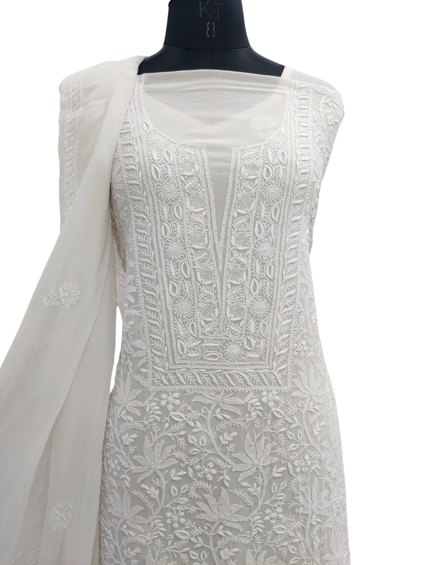 Shyamal Chikan Hand Embroidered White Pure Georgette Lucknowi Chikankari Unstitched Suit Piece  - 23834