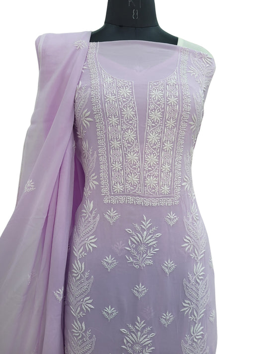 Shyamal Chikan Hand Embroidered Lavender Viscose Georgette Lucknowi Chikankari Unstitched Suit Piece ( Kurta Dupatta Set ) - S23130