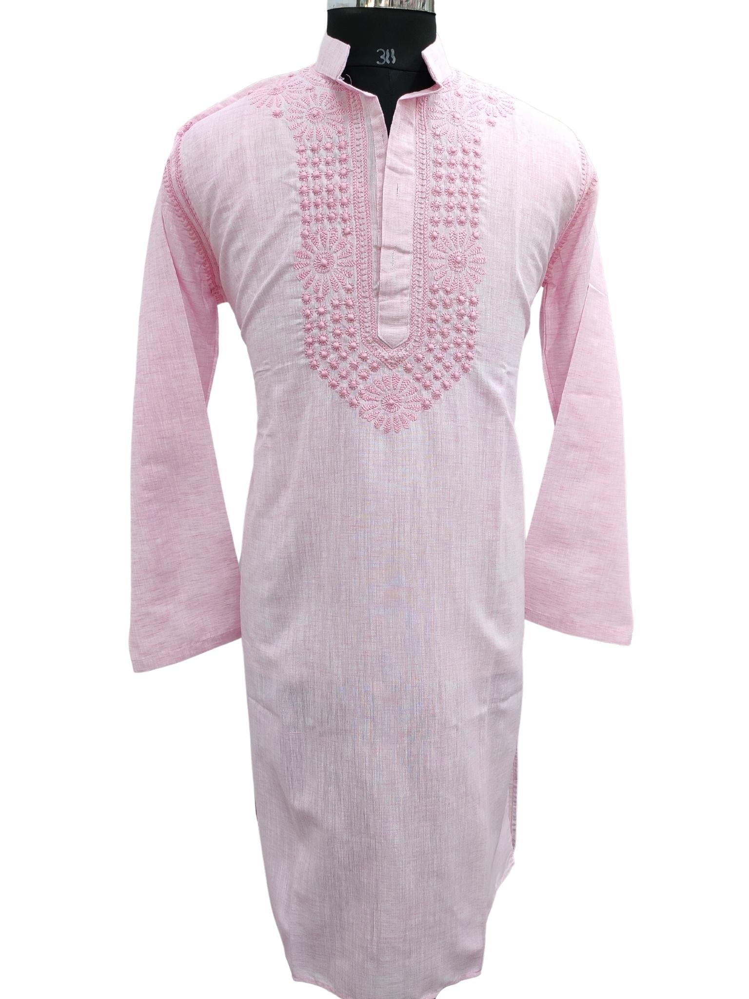 Shyamal Chikan Hand Embroidered Pink Cotton Lucknowi Chikankari Men's Kurta – S21209
