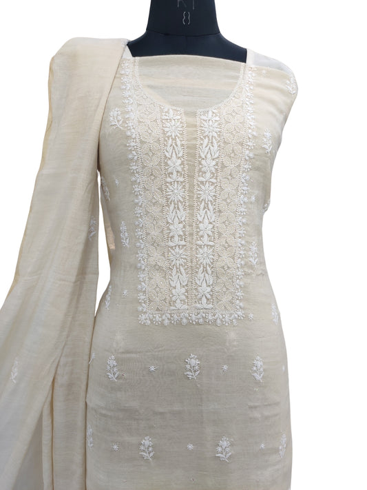 Shyamal Chikan Hand Embroidered Natural Fawn Tissue Lucknowi Chikankari Unstitched Suit Piece With Pearl & Cutdana Work ( Kurta Dupatta Set ) - 23773