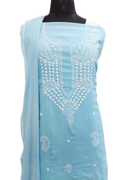 Shyamal Chikan Hand Embroidered Blue Cotton Lucknowi Chikankari Unstitched Suit Piece 24204