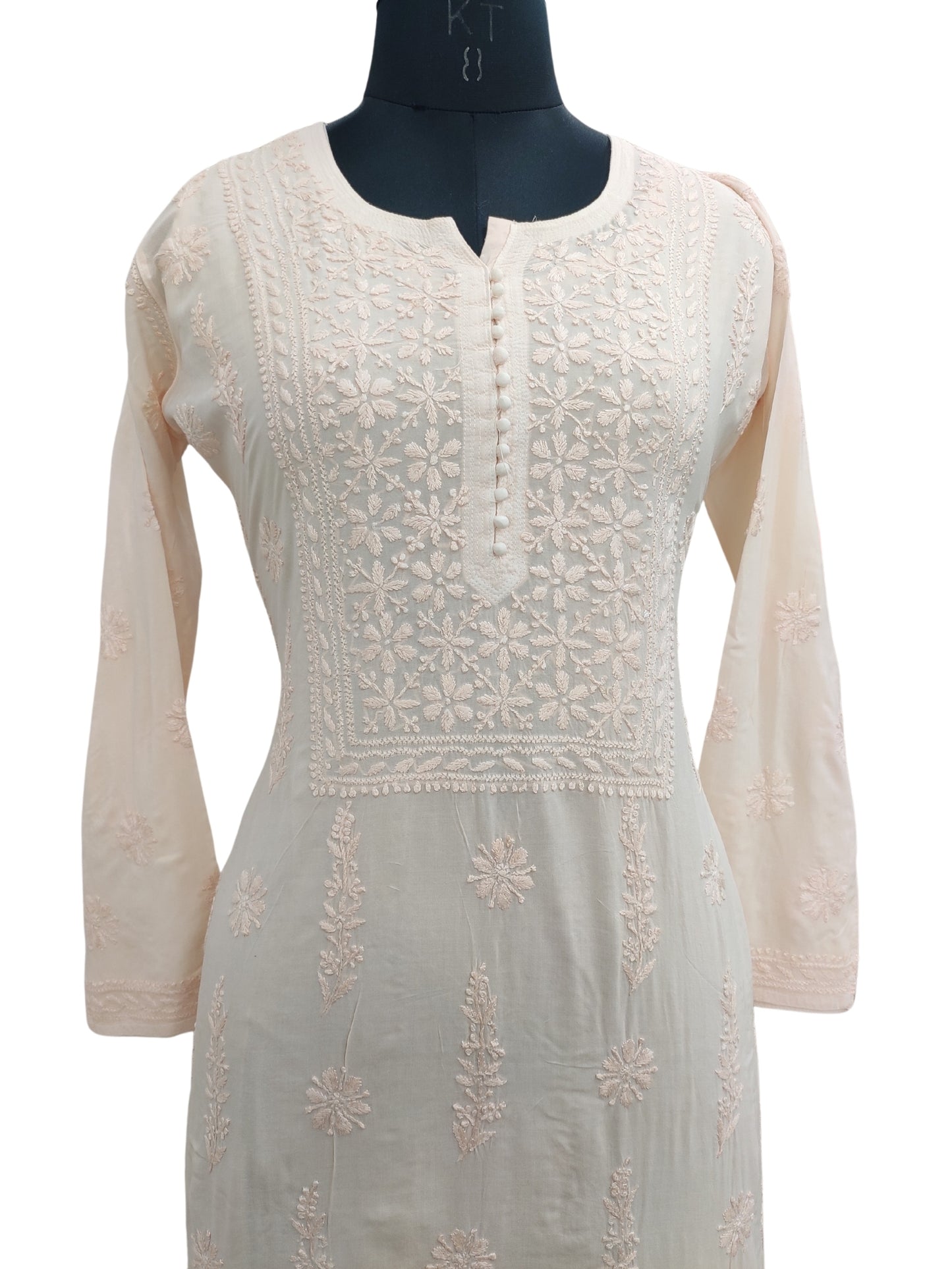 Shyamal Chikan Hand Embroidered Peach Modal Cotton Lucknowi Chikankari Kurti - S22800